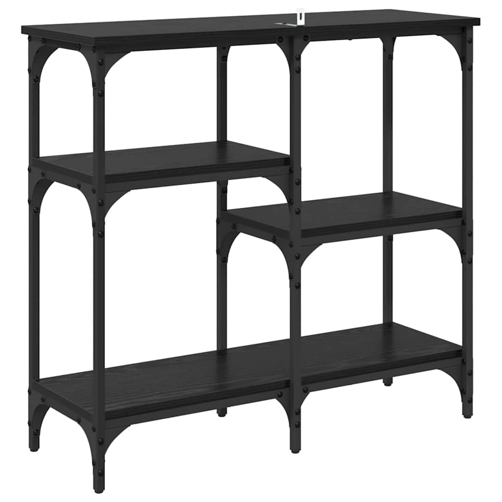 Wąski stolik konsolowy z 3 półkami, wygląd czarnego dębu, 80 x 29 x 75 cm, materiał drewnopochodny i metal, industrialny wygląd, do salonu i korytarza, wszechstronne miejsce do przechowywania