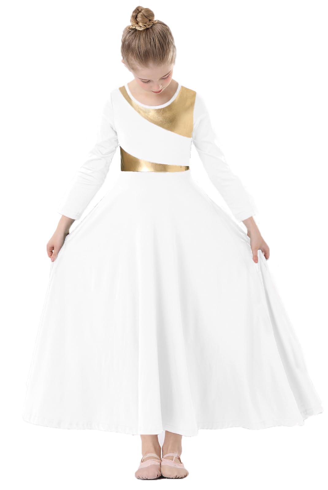 ORIDOOR Girls Praise Dance Dress Metallic Gold Liturgical Worship Church Robe Full Length Swing Lyrical Costume,White,Tag140,9-10-Years