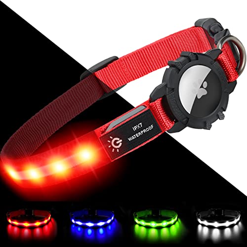 Joytale Led Airtag Dog Collar[100% Ipx7 Waterproof], Light Up Night Safety Pet Collars For Air Tag, Usb C Rechargeable Lighted Glow Nylon Collar With Airtag Holder Case For Puppies Small Dogs, Red #TOP14