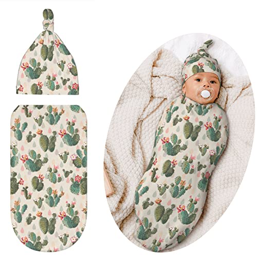 Image of Qwalnely Swaddle Blanket for Baby, Swaddling Sleeping Sacks, Unisex Baby Stuff with Hat, Cactus