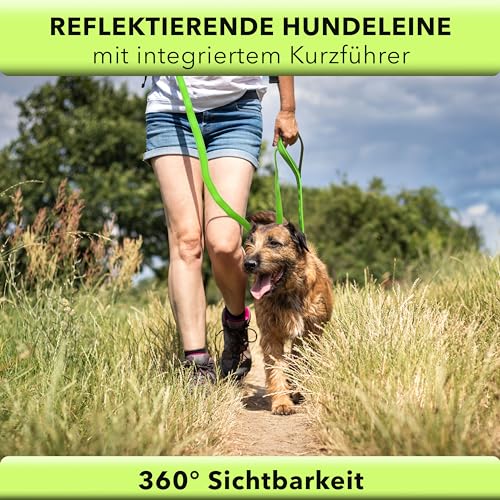 AVANA Hundeleine mit integriertem Kurzführer reflektierende Leine | 2 handschonende gepolsterte Handschlaufen | 1,5 Meter Führleine für große und mittelgroße Hunde - Neongrün