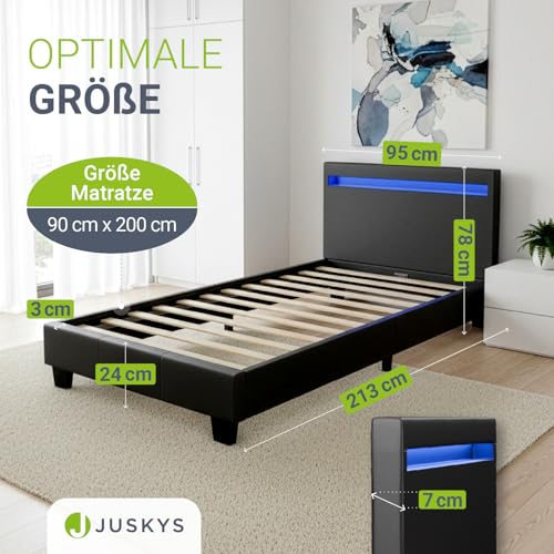 Juskys Polsterbett Paris 90x200 cm mit LED-Beleuchtung, Lattenrost & Kopfteil, Bett mit Gestell aus Holz & Kunstleder Bezug, schwarz