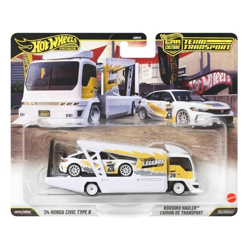 Image of Hot Wheels Premium Toy Cars, 1:64 Scale Kousoku Team Transport Hauler & Honda Civic Type R with Real Riders Tires & Metal /Metal Body & Chassis