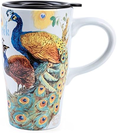 Minigift Ceramic Coffee Mug，Travel Cup with Lid,Handmade Milk Mug 16oz-Peacock