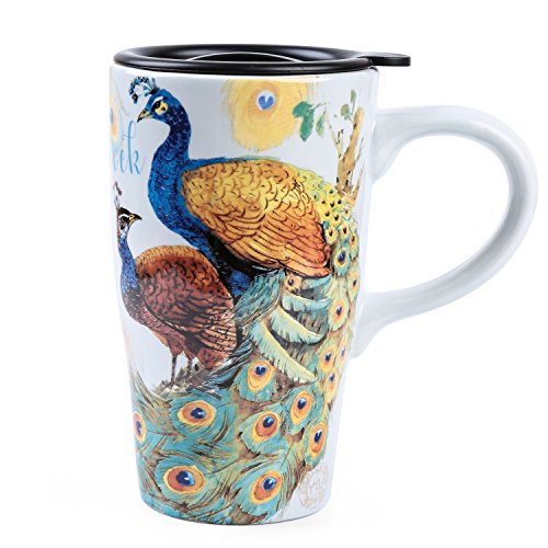 Minigift Ceramic Coffee Mug，Travel Cup with Lid,Handmade Milk Mug 16oz-Peacock
