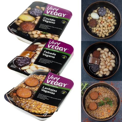 VERY VEGGY Pack 3 Platos Preparados Comida Vegana : Lentejas con Chorizo, Fabada Vegetariana, Garbanzos con Chorizo Vegano - Comida Preparada Vegana - Para Veganos, Vegetarianos