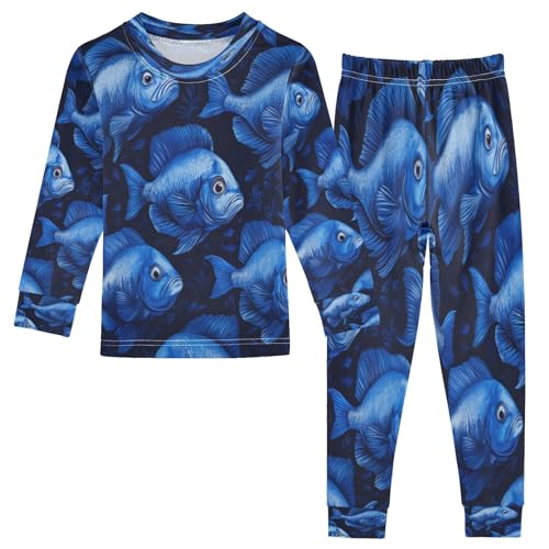 Pajama Sets Long Sleeve Blue Fish Pattern Soft Comfy Sleepwear 2 Piece PJS 3-8T