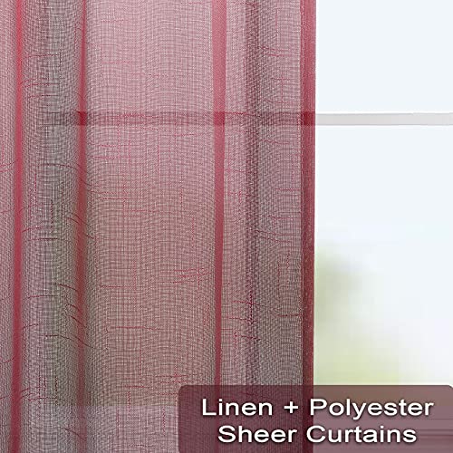Caromio Kitchen Curtain Faux Linen Sheer Curtains Voile 24 Inch Length Rod Pocket Small Half Window Treatment Set Short Tier Cafe Curtain, Burgundy, Set Of 2 #TOP2