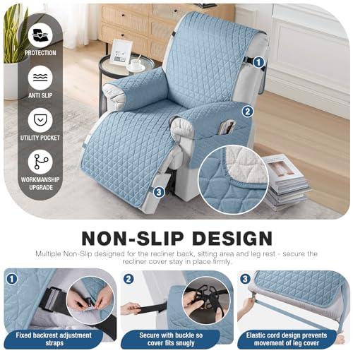 Image of TAOCOCO 100% Waterproof Recliner Chair Covers, Non Slip Recliner Covers that Stay in Place, One-Piece Washable Reclining Chair Cover with Elastic Straps, Light Blue, Fits 28 inch Seat Width