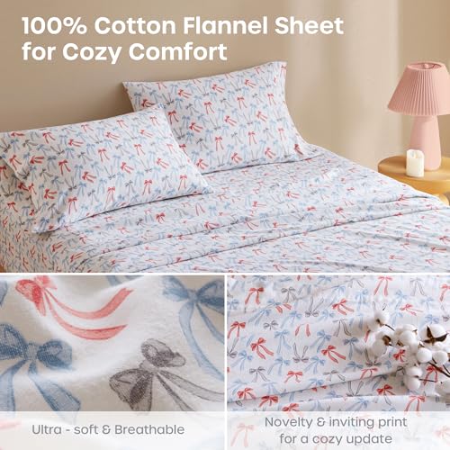 Image of Intelligent Design Flannel Sheets Twin, Cozy Soft 100% Cotton Flannel Bedding, Printed Warm Twin Sheets Set, Ultra Soft Cold Weather Bed Sheet Set, Happy Bows, 3 Piece