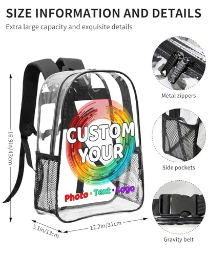 Custom Clear Backpack Personalized Transparent Backpacks with Photo Name Logo Text Customized Adjustable See Through Bag for Casual Travel Camping-16 in3