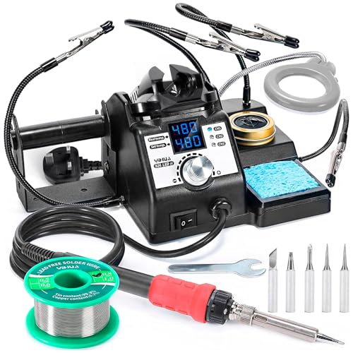 YIHUA 926LED-IV EVO 110W Soldering Station 90~480C Soldering Kit with 4 Helping Hands 1 Magnifier with LED Solder Wire Dispenser 5 Extra Soldering Tips 35g Lead-Free Solder Wire(UK Plug)