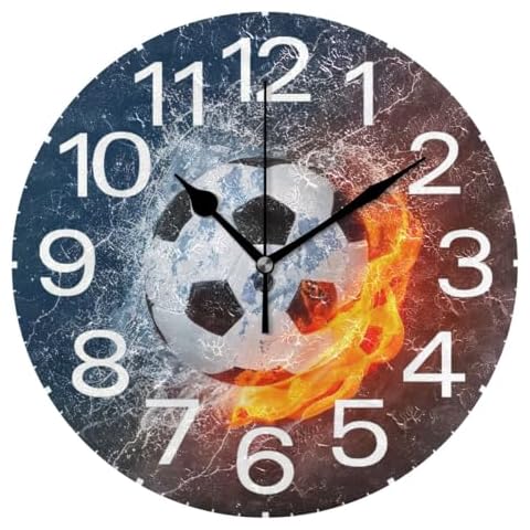 Kigai Soccer Ball in Fire and Water Wall Clock,Silent Non Ticking 10 Inch Battery Operated Round Wall Clocks for Kitchen,Home,Bedrooms,Office Decor Cover