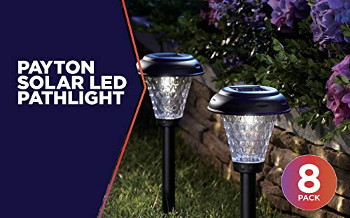 Moonrays 91381 Payton Solar LED Plastic Path Light, 2X-Brighter, Hammered Glass Look, provides 360 Display of Warm LED Lighting, Emits 2.4-lumens, 12-inch area of illumination, 8-Pack