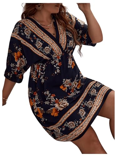 OYOANGLE Women's Plus Size Boho Floral Print High Waist V Neck Flared A Line Short Dress4