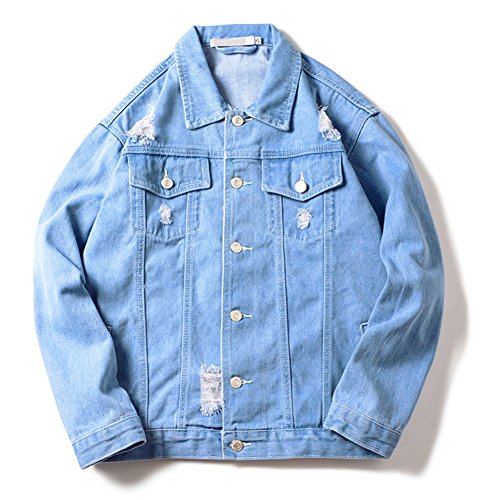 DSDZ Mens Classic Urban Loose Ripped Jean Denim Jacket with Hole Blue S(Tag M)