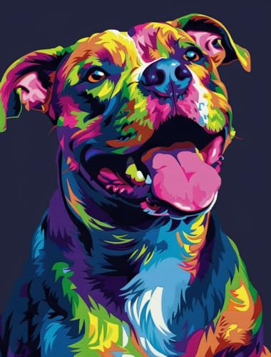 Colorful Portrait of Happy Pitbull Dog DIY 11CT Stamped Cross Stitch Kits for Beginners Easy Needlepoint Embroidery Counted Cross Stitch Art Craft for Wall Decoration 16x20inch(3)