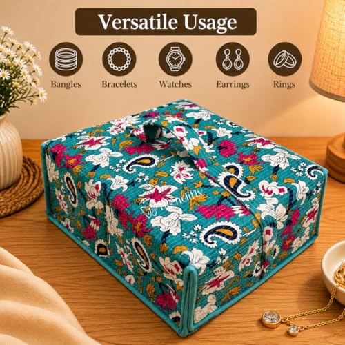 Image of Trendifly Royal Flower Design Jewellery Organiser bag | Travel Makeup Cosmetic Jewelry Storage organizer box for Bridal women Earrings Bracelet Necklace (Aqua Green)