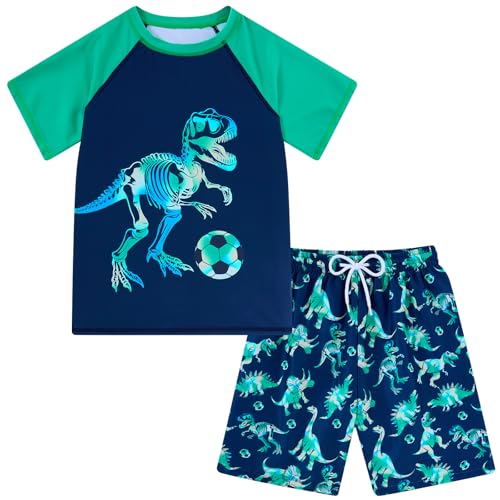 Boys Short Sleeve Rash Guard Swimsuit Set with Swim Trunks for 4-12 Years