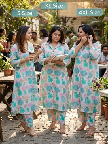 Image of Leriya Fashion Women's Cotton Printed A-Line Kurti Pant Set | Abstract Leaf & Floral Kurta with Trouser Pant | Casual Ethnic Co-ord Set for Women Stylish | Elegant Anarkali Style Tunic Kurta Set