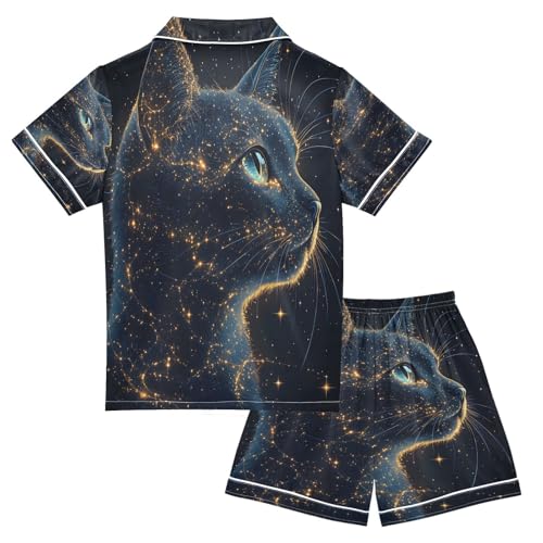 ALAZA Cat Constellation Space Black Satin Pajamas Set Short Sleeve Button Down Sleepwear Summer Pjs 2 Piece2