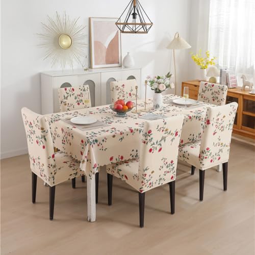 Image of Styleys Dining Chair Cover with Table Covers for Kitchen Waterproof Dining Table Cloth (1 Table Cover + 6 Chair Cover, Beige Tulip Flower, CTSD3128)