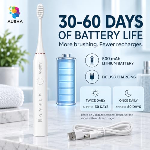 Image of AUSHA White Smart Sonic Electric Toothbrush for Adults