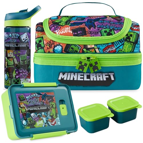 Get Trend Minecraft Brotdose Kinder Set 3-Teilig Isolierte Lunchtasche 600ml Trinkflasche & Snackbox mit Fächern BPA Frei Leicht & Robust Bento Box Set für Schule & Picknick (Multi Minecraft)