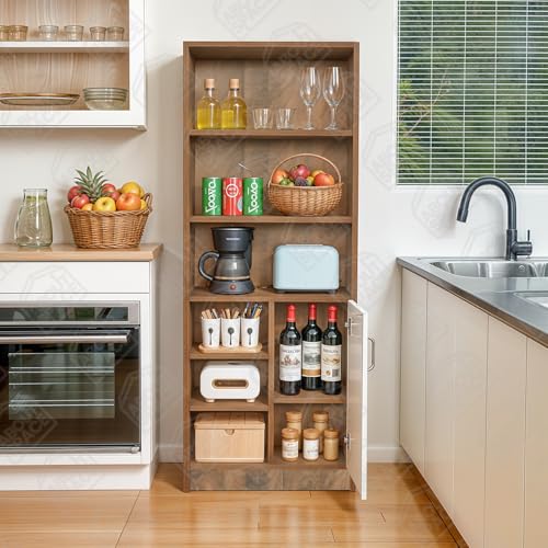 Image of ABOUT SPACE Kitchen Organizer Rack - 5.5 ft Wooden Kitchen Cabinet with 3 Long, 3 Adjustable Shelves, 1 Rack with Door & Adjustable Shelf for Home (White, Walnut - L 60 x B 30.5 x H 166.5 cm)