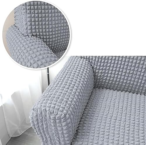 Image of House of Quirk Turkish Bubble Frill Five Seater 3 + 2 Sofa Slipcovers 280 GSM, Durable Washable Universal Triple Seater High Elastic Furniture Protector (Smoke)