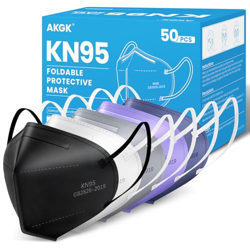 akgk KN95 Face Mask, Breathable Protection Masks, 5-Ply KN95 Multicolor Masks, Cup Dust Safety Masks 50 PCS(Black, White, Grey, Purple, Navy Blue)