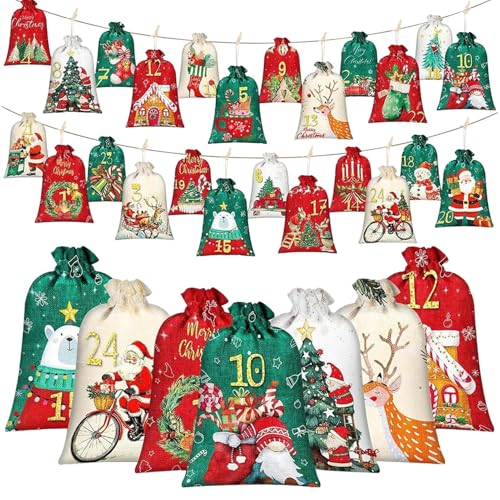 ホリデーポケットバッグ、巾着開閉、1セット、カウントダウンギフト袋、布製おやつポーチ、番号タグ、パーティー、誕生日、子供、ツリー、キャンディー、結婚式、休日、赤ちゃん用