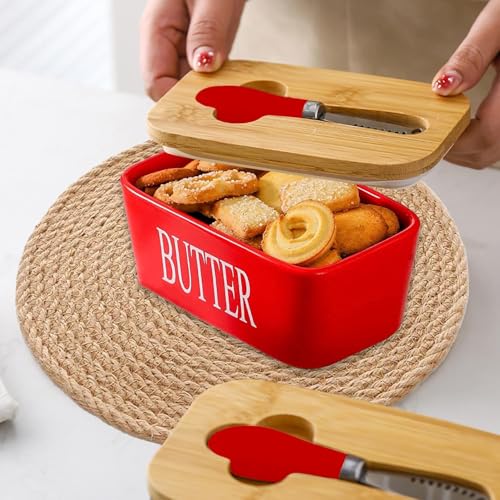 Image of Ceramic Butter Dish with Wooden Lid, Airtight Butter Keeper for Counter or Fridge with Stainless Steel Multipurpose Butter Knife, Butter Container with Double High-Quality Silicone(Red)