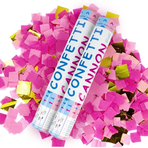 TFengfly 2 Pack Gender Reveal Confetti Cannon 12 in Pink Square shaped Paper Party Poppers Cannons Confetti Poppers For Baby Girl Gender Reveal Baby Showers (Square Pink)