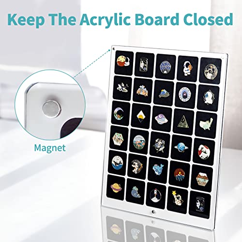 Image of HIIMIEI Acrylic Pin Display Board, 11x14 Enamel Pin Display Frame, Dustproof Shadow Box Pin Holder, Double Sided Jewelry Lapel Pins Collection Case for Wall and Tabletop (30 Grids) (Pack of 2)