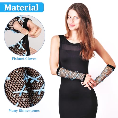 Rhinestone Fishnet Bow Gloves for Women & Girls, 8.66 Inch Fishnet Fingerless Sleeves, Sparkly Glitter Mesh Gloves for Rave, Party, Concert, Cosplay, Festival3