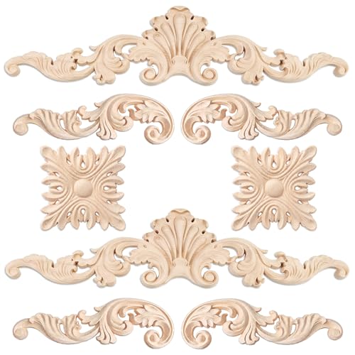 CroBlissful 8 Pcs Wood Appliques and Onlays for Furniture Carved Onlays DIY Decorative Wood Carving Decals for Wall Cupboard Door Bed Cabinet(Adorable Style Large Size)