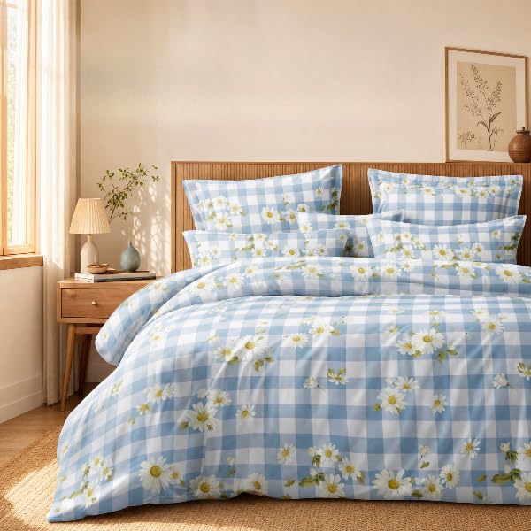 Bloomora Collection Blue Daisy Color Cotton Feel Microfiber Queen Size Bedsheet with 2 Pillow Covers | Soft Breathable Floral Bed Sheet | 90 x 100 Inches-image-47