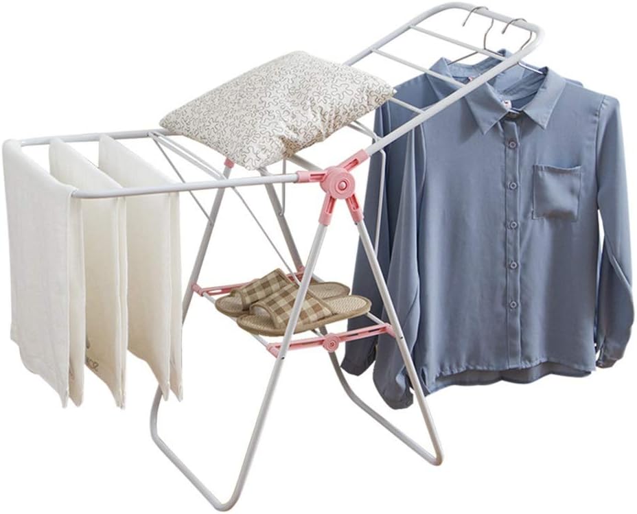 Clothes Airer Laundry Drying Rack Foldable Dryer Clothes Airer Clothes Horse Metal Clothes Line for Indoors and Outdoors Space Saving (Color : White+Pink, Size : 99x43.5x62cm)