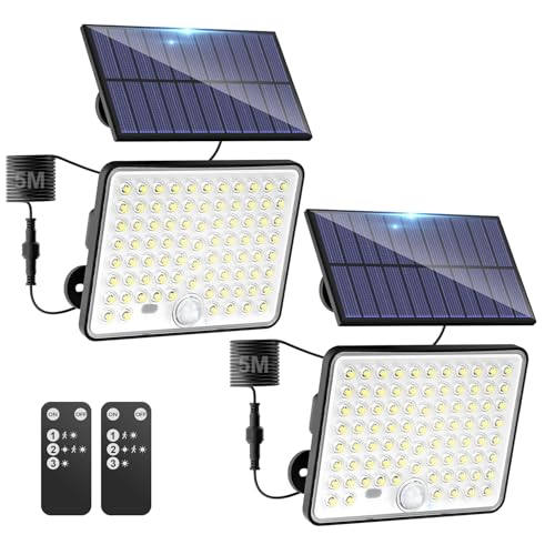 kolpop 2 Paquete Focos LED Exterior Solares,Focos LED Solares Sensor de Movimiento con Mando a Distancia,IP65 Impermeable Luz Solar,3 Modos Luz Solar Exterior Potente para Jardín,Patio,Garajes