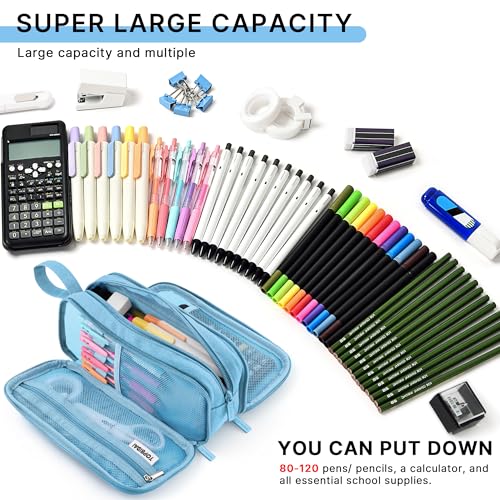 Image of TOPBIDAI Large Pencil Case Pouch for Girls Boy Women Men Adults | Big Capacity Canvas Pencil Bag, Office School Supplies, Multi Compartment Zipper Stationery Pen Box (Sky Blue)