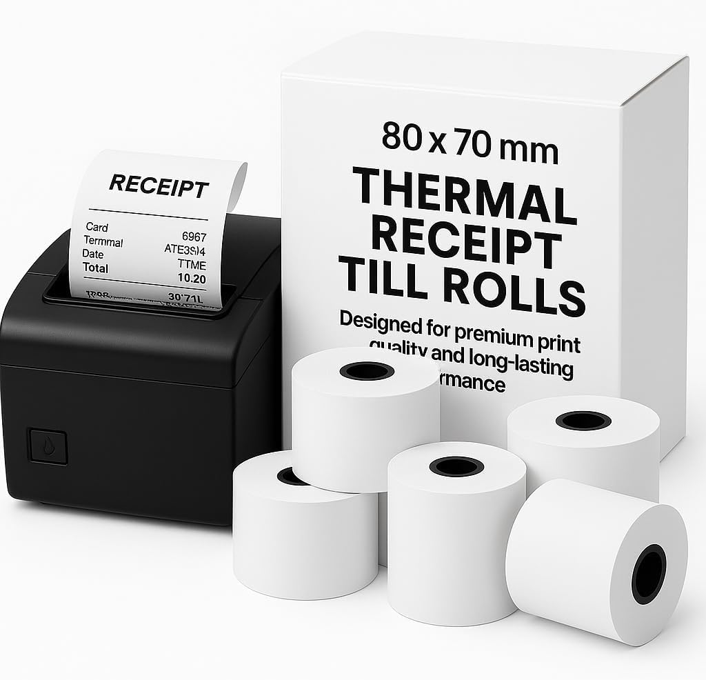 80 x 70mm Thermal Paper Rolls – Premium BPA-Free Receipts, 60 Rolls Case Pack Till Rolls Set, Long-Lasting POS Printer Paper, Compatible with POS Thermal Printers, Pack of 60 Rolls Case. (60, 80x70)