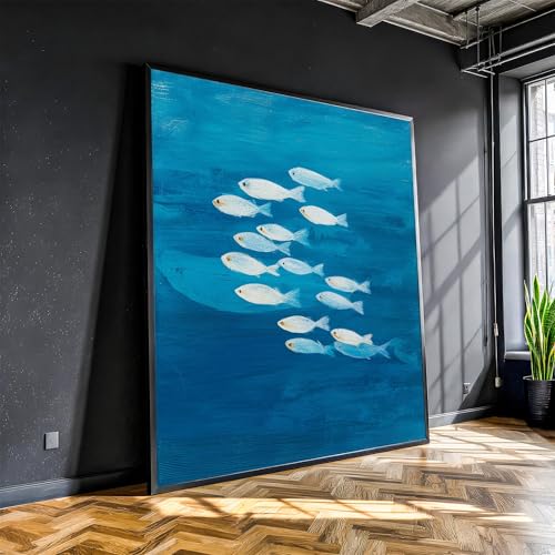 Tableau minimaliste banc de poissons impression sur toile océan bleu 60x60cm sans cadre