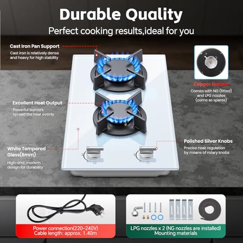 SNDOAS Gaskochfeld 2 Flammig, Weiß Glas Gasherd 30cm mit Automatischer Flammenschutz, Erdgas und Propangasl, Einbau/Freistehend, 2400 W/1800 W, 220-240V