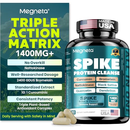 MEGNETA Spike Tri-Support+ Nattokinase 20,000 FU/g Supplement - Precise Dose Bromelain 500mg & Curcumin 800mg, Quercetin & Dandelion | Plant-Based Antioxidant Blend, Non-GMO
