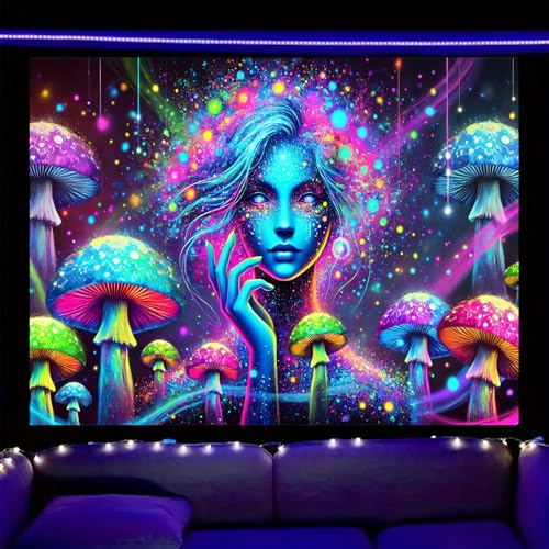 Image of Nuxovilar UV Neon Mushroom Wall Tapestry Polyester 78.74x59.05 In | Glow Backdrop Trippy Wall Poster Aesthetic Art Neon Room Decor Bedroom Living Dorm Lounge (Blue Figure Mushroom)