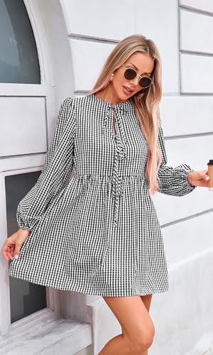 Womens Fall Casual Long Sleeve Babydoll Gingham Mini Dress Vacation Cute Swing Flowy Summer Plaid Short Dress4