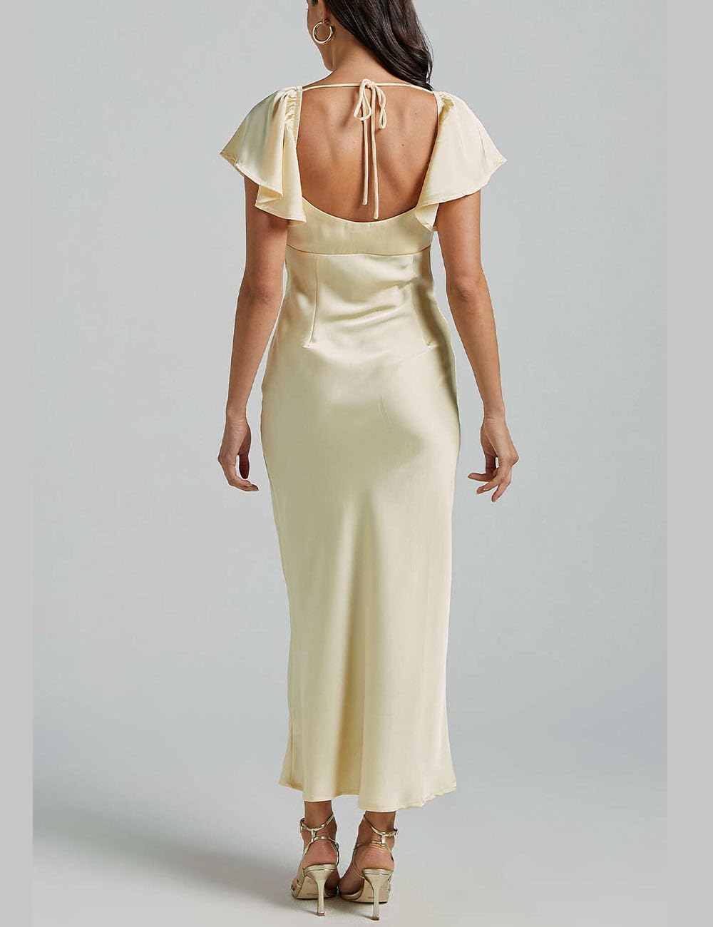 Summer Satin Flutter Sleeve Wedding Guest Dresses for Women Sweetheart Neckline Cutout Tie Back Midi Cocktail Dress - Image 3