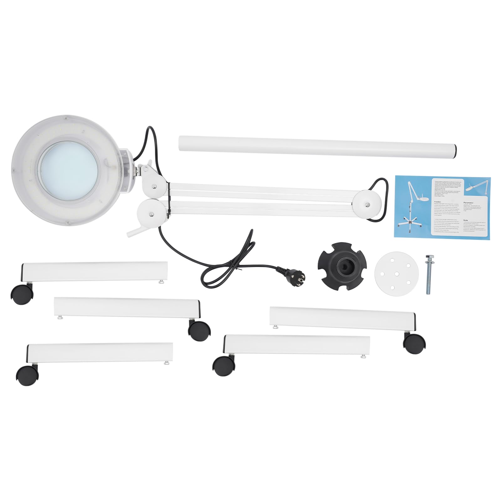Lampa LED z lupą ze statywem, 5-krotne powiększenie 24 W, lampa kosmetyczna z 5 rolkami i regulowanym ramieniem obrotowym, bezcieniowa lampa robocza do studia paznokci, Beauty Tattoo i modelarstwa