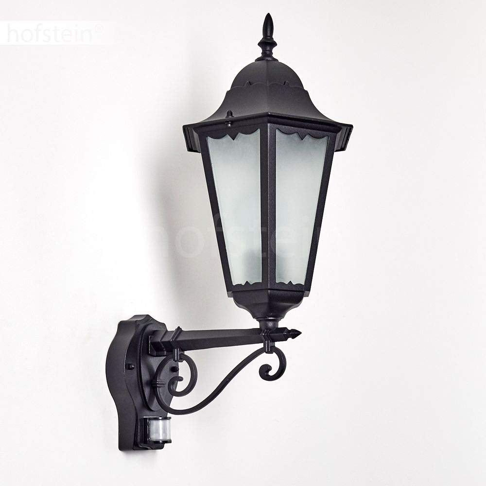HOFSTEIN Außenwandleuchte Hongkong FROST, Außenwandlampe mit Bewegungsmelder aus Metall/Milchglas in Schwarz, Wechselscheiben Klar, Wandleuchte Up im Retro-Stil, E27, IP44, Eingangsbereich, Haustür